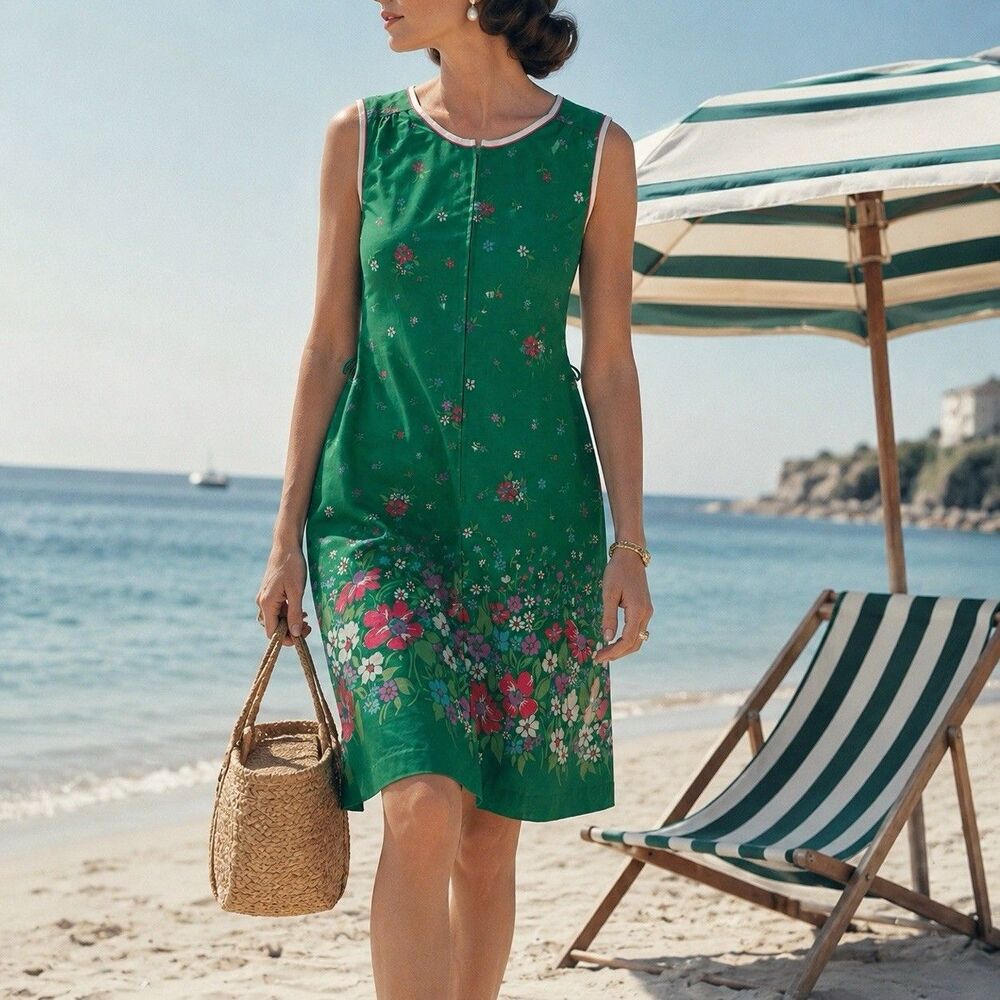 Vintage Komar Size M House Dress Green Floral Made In USA